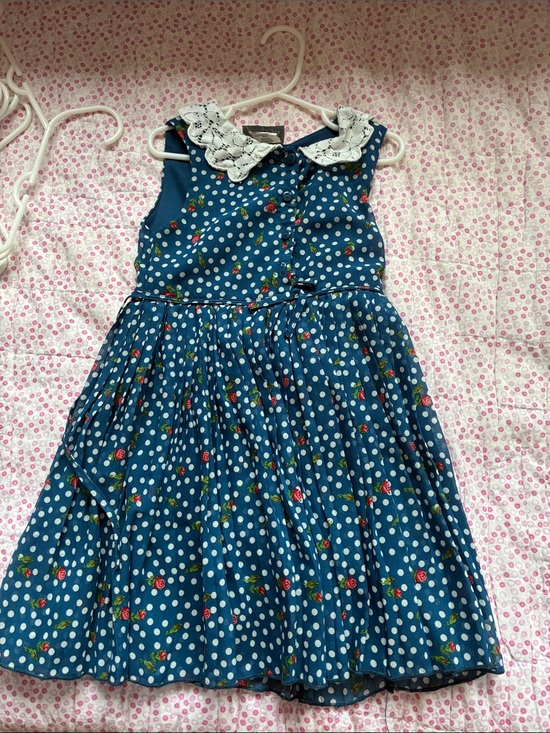 Emily Rose Other - Emily Rose Navy Blue Polka Dot Dress with White Lace Collar and Red Rose Print